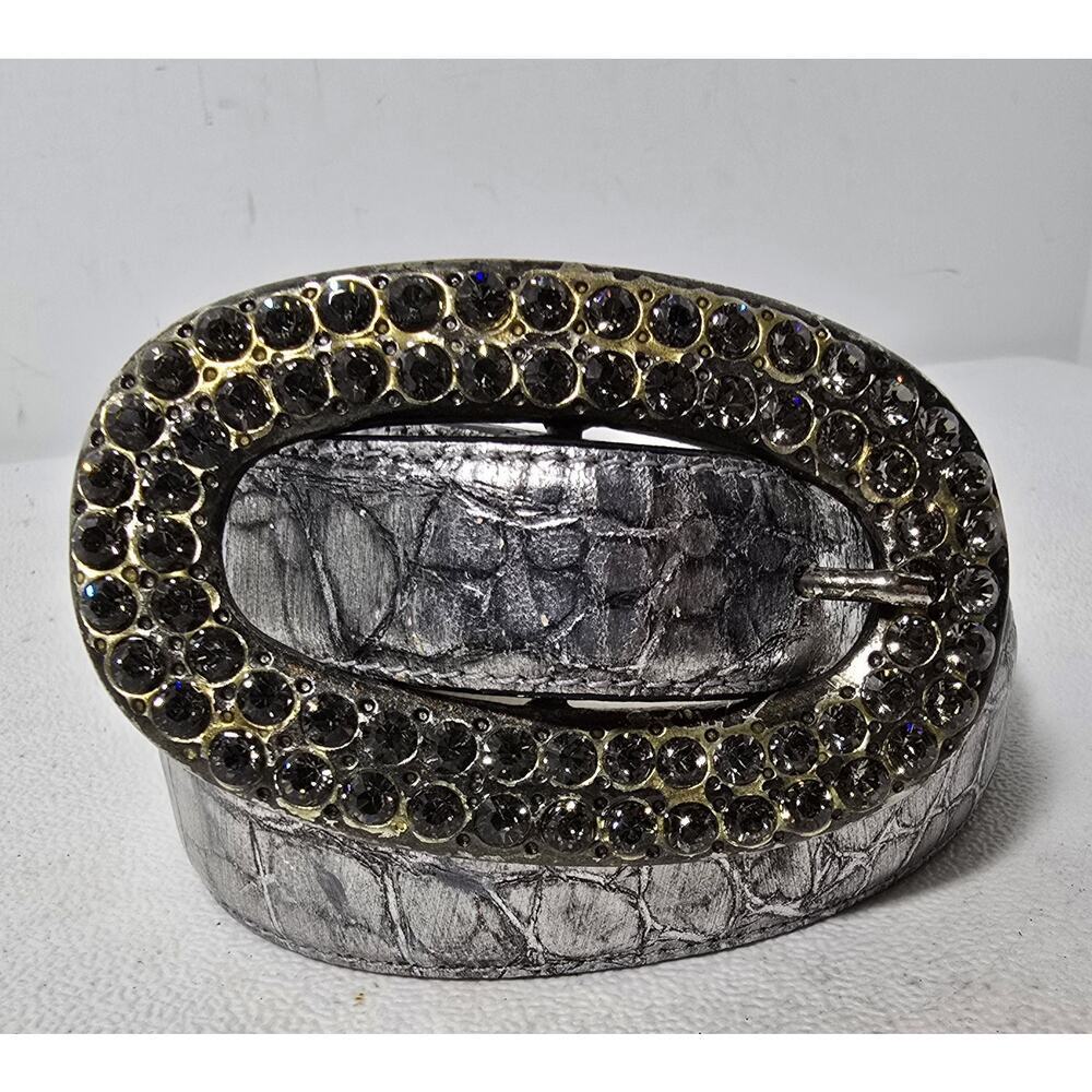 LeatherRock Metallic Silver Leather Belt Rhinestone Buckle Croc Embossed Sz 36”